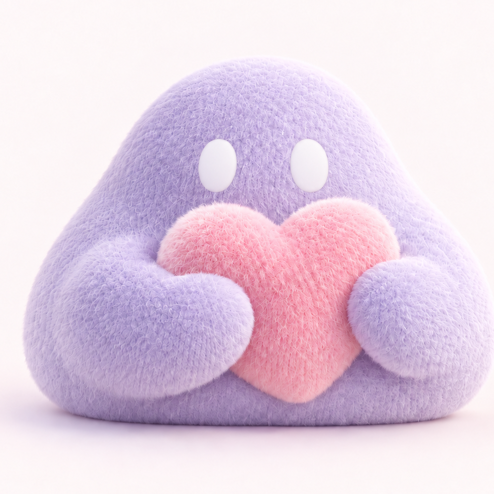 Puffly, a fluffy lavender blob holding a pink heart